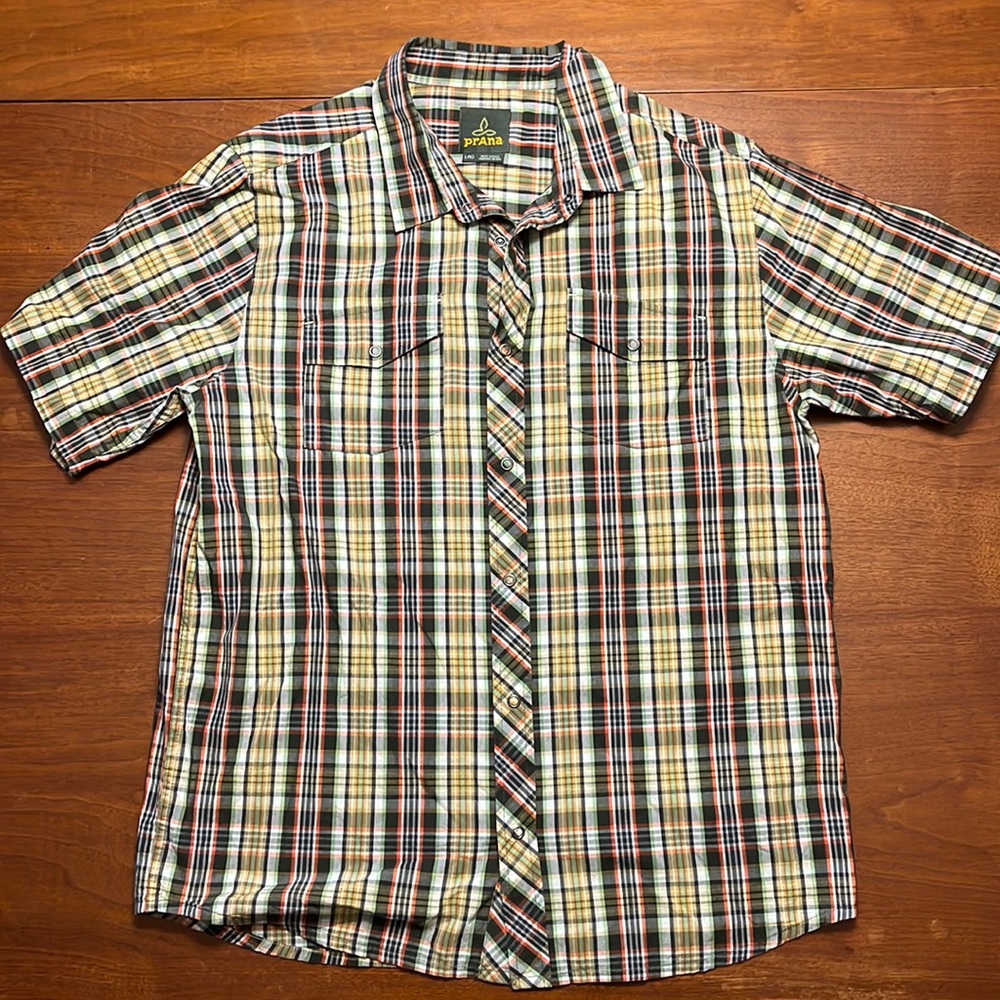Men’s Prana Plaid Short Sleeve Shirt, Snaps, Size Large